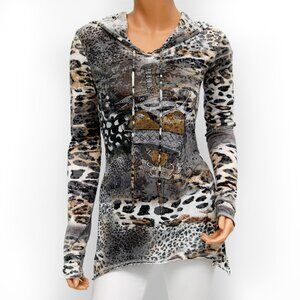 V Cristina Animal Print Long Sleeve Hooded Embellished Top Small